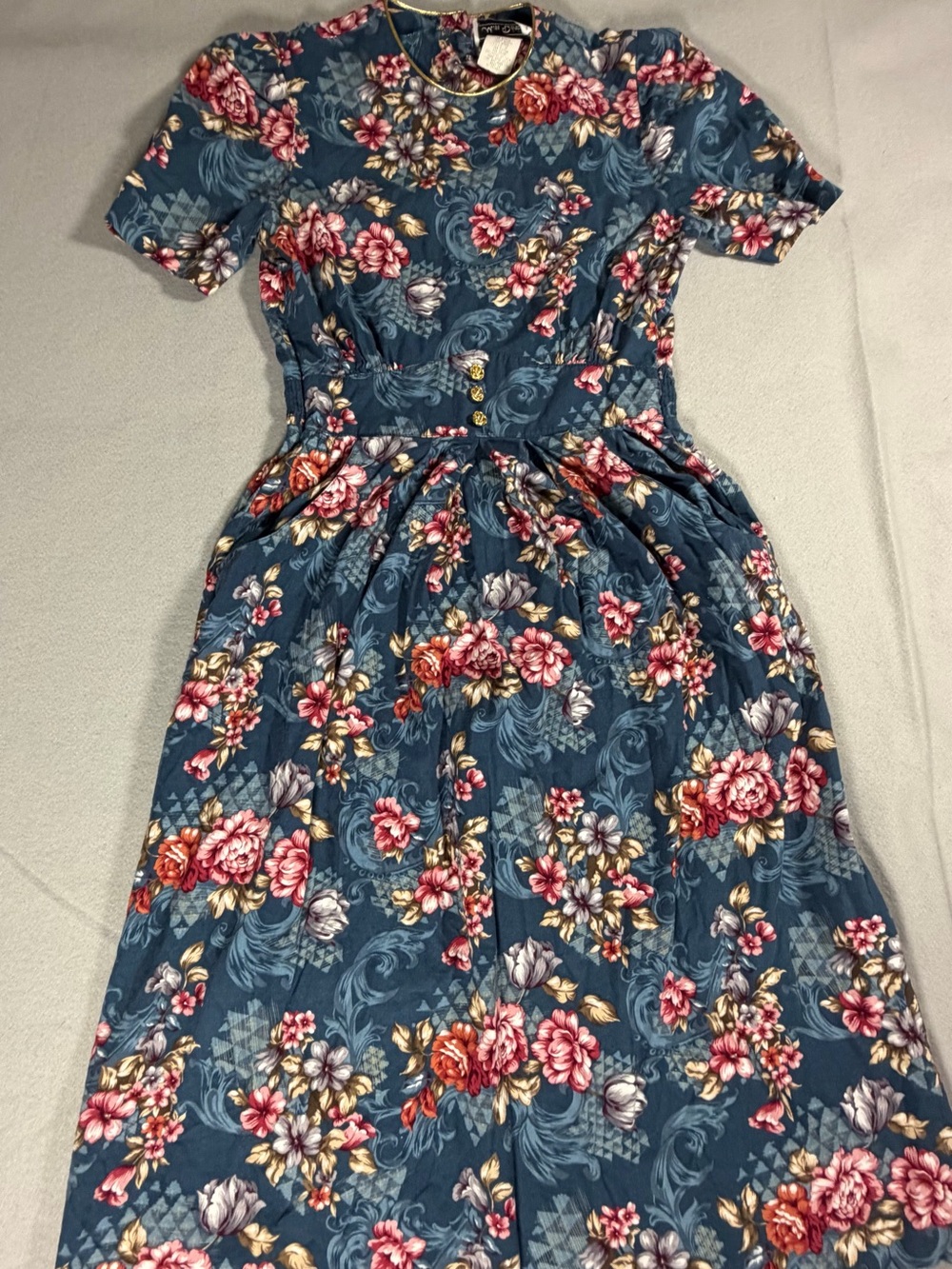 Floral Midi Dress in Blue with Pink Rose Print